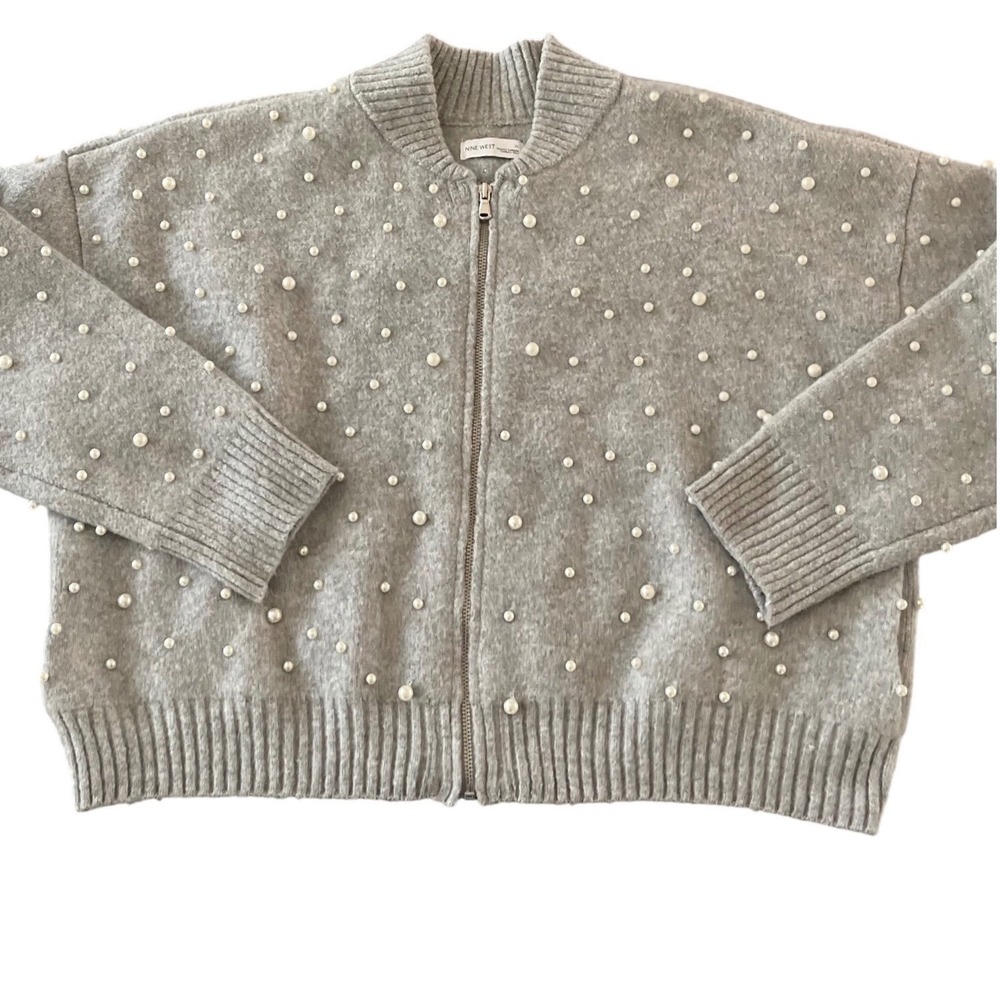 Nine West Womens XL Gray Pearl Embellished Full Zip Bomber Knit Cardigan Sweater